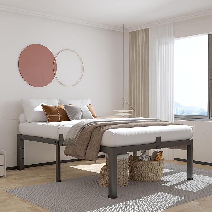 ROIL 16 Inch Twin Bed Frame with Rounded Corner and Headboard Hole Mattress Retainers 3500LBS Metal Heavy Duty Steel Slats No Box Spring Needed Platform Noise-Free Easy Assembly