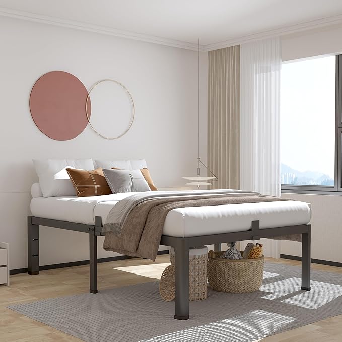 ROIL 18 Inch Twin XL Bed Frame with Rounded Corner and Headboard Hole Mattress Retainers 3500LBS Metal Heavy Duty Steel Slats No Box Spring Needed Platform Noise-Free Easy Assembly