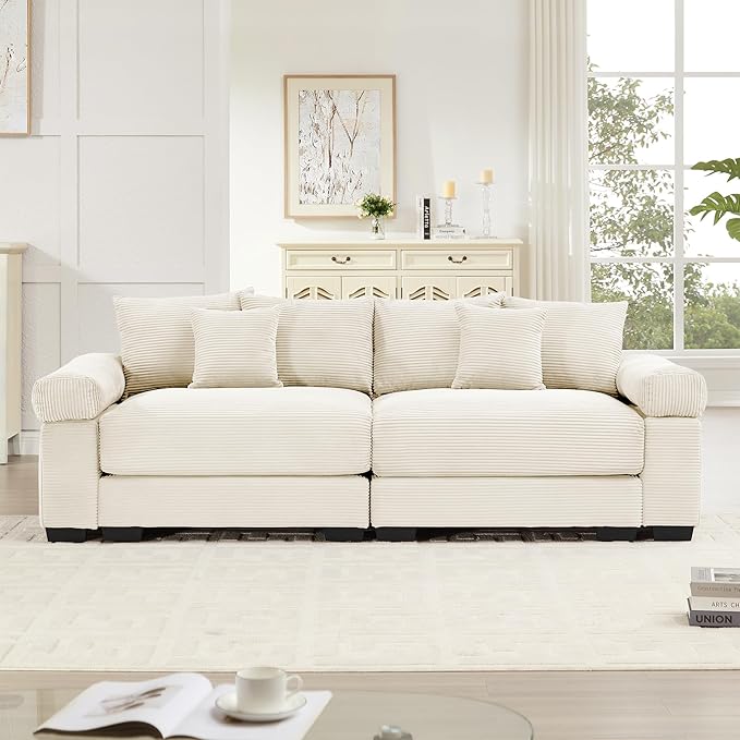 KEIKI 83" Oversized Corduroy Modular Sectional Loveseat Sofa with High-Density Foam Cushions, Extra-Thick Armrest, Upholstered Modern 2-Seater Fluffy Corner Couch with 6 Pillow, for Living Room, Beige