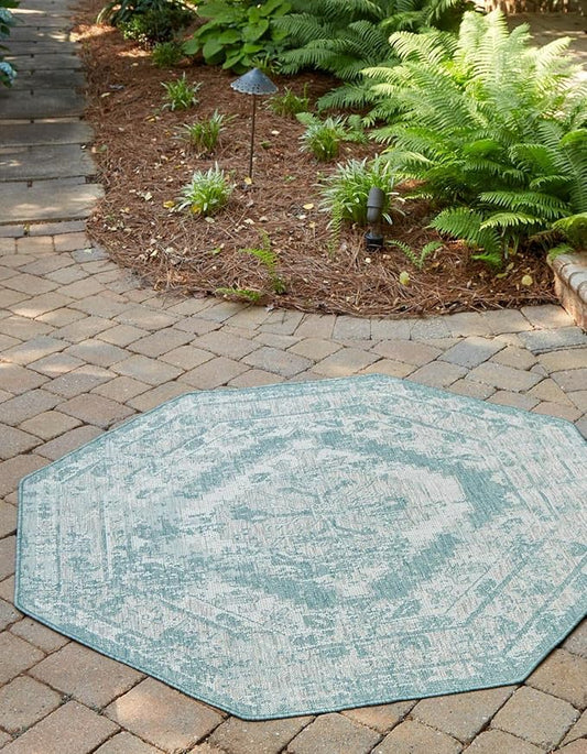 Unique Loom Outdoor Traditional Collection Area Rug - Valeria (7' 10" Octagon, Aqua/ Ivory)