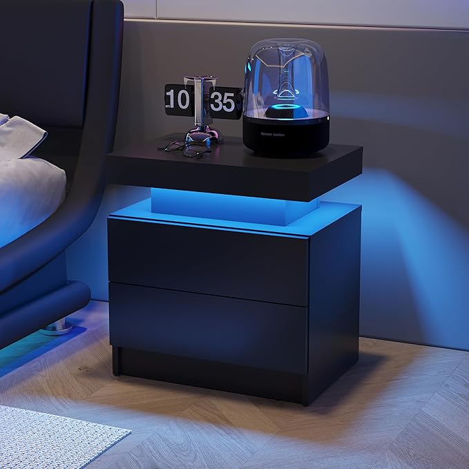 LED Nightstand with 2 Drawers Modern Night Stand with LED Lights Night Stands for Living Room,Bedroom