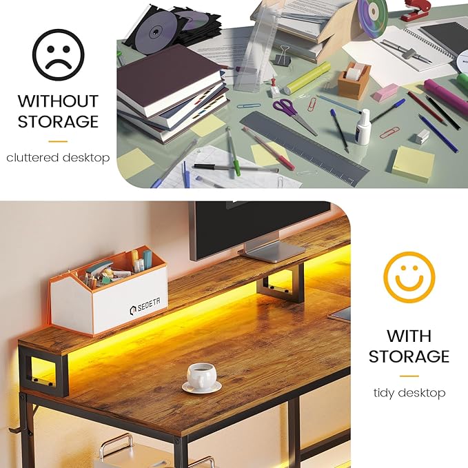 SEDETA L Shaped Office Desk, 66" Corner L Shaped Computer Desk with File Drawer & Power Outlet for Home Office, Gaming Table with Led Lights, Monitor Shelf, Printer Storage Shelves, Rustic Brown