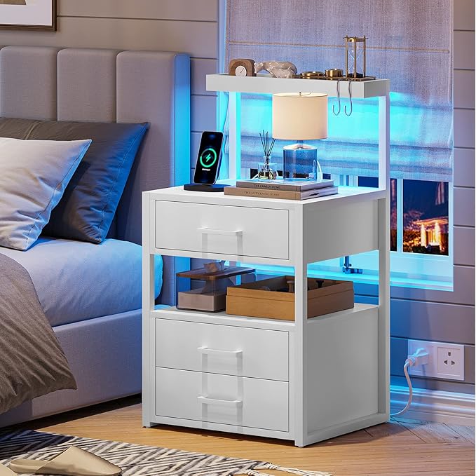 AOGLLATI Nightstand Set of 2 with Charging Station and LED Lights, Bedside Table with 3 Drawers and Open Storage Shelves, 2 USB Ports and 2 AC Outlets, LED Night Stand for Bedroom, 2 Pack, White
