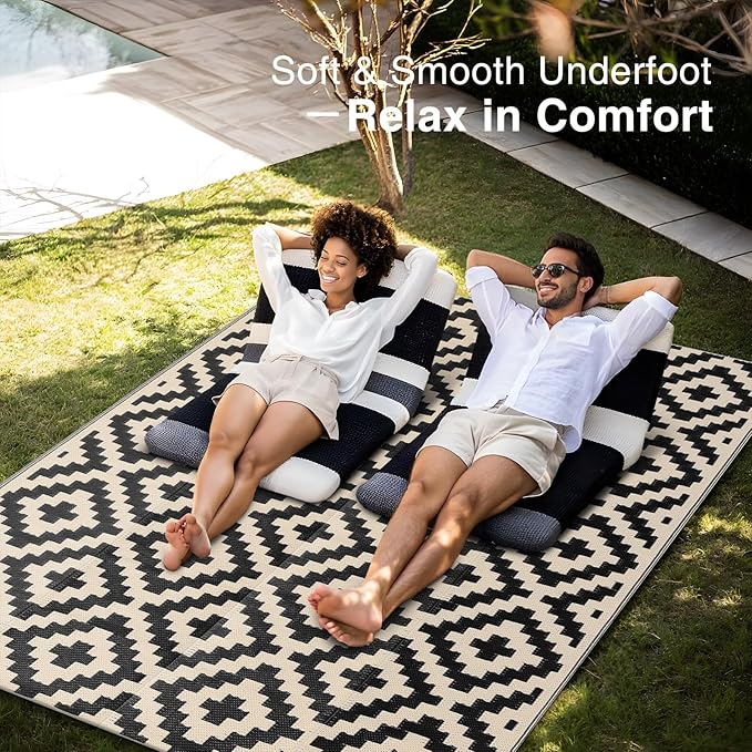 OLANLY Waterproof Outdoor Rug 4x6 ft, Outdoor Plastic Straw Rug for Camping, RV Mat Outside, Outdoor Carpet for Porch, Deck, Backyard, Balcony, Picnic, Black & Beige