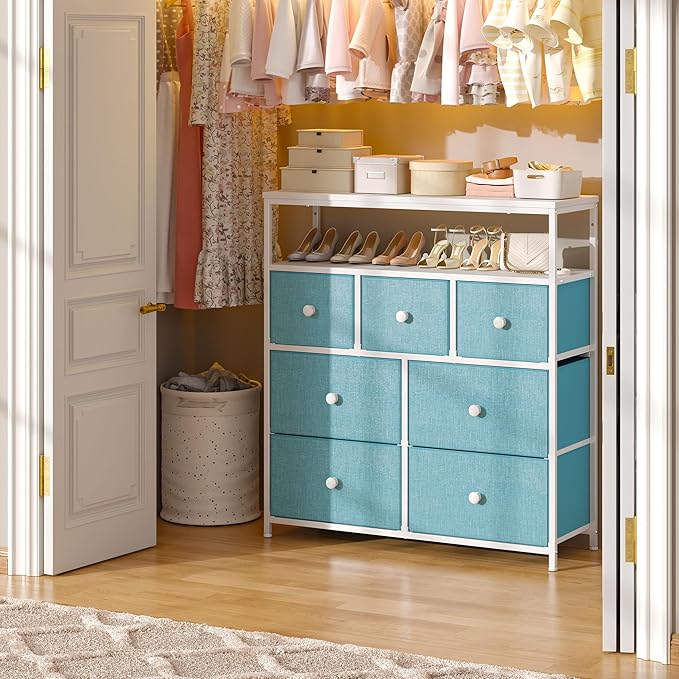 EnHomee Dresser for Bedroom with 7 Drawers and 2 Shelves，Tv Stand for Bedroom，Green Small Dresser for Closet，Hallway，Entryway，Dormitory，Clothing Storage