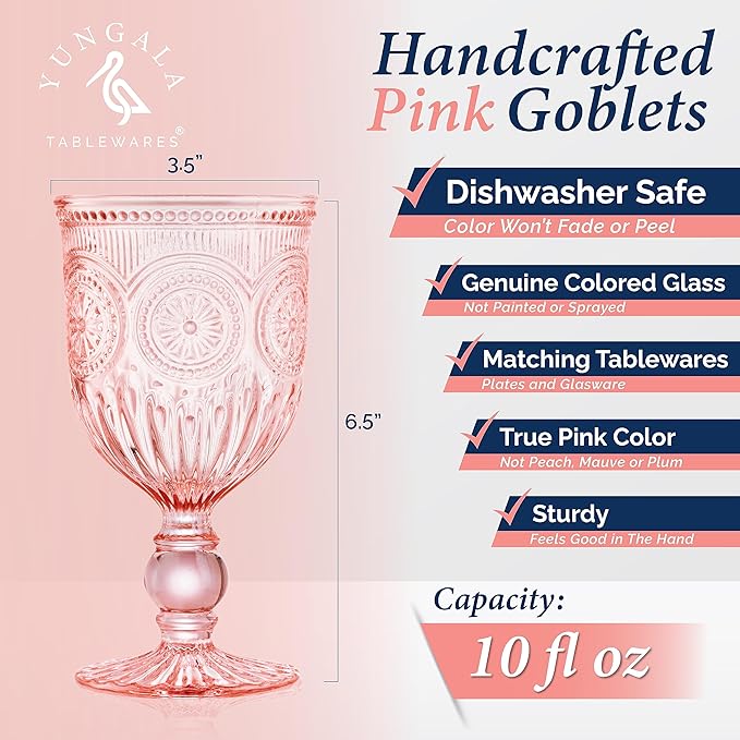 Yungala Pink Wine Glasses, set of 6 pink goblets handcrafted from pink glass (not painted or coated) ensuring your glassware is dishwasher safe and the color won't peel or chip.