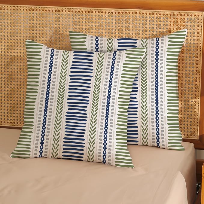 Boho Pillow Covers 16x16 Inch Set of Blue Sage Green Stripes Throw Pillow Covers Outdoor Decoration, Abstract Modern Bohemian Farmhouse Linen Decorative Cushion Cover for Home Sofa Couch