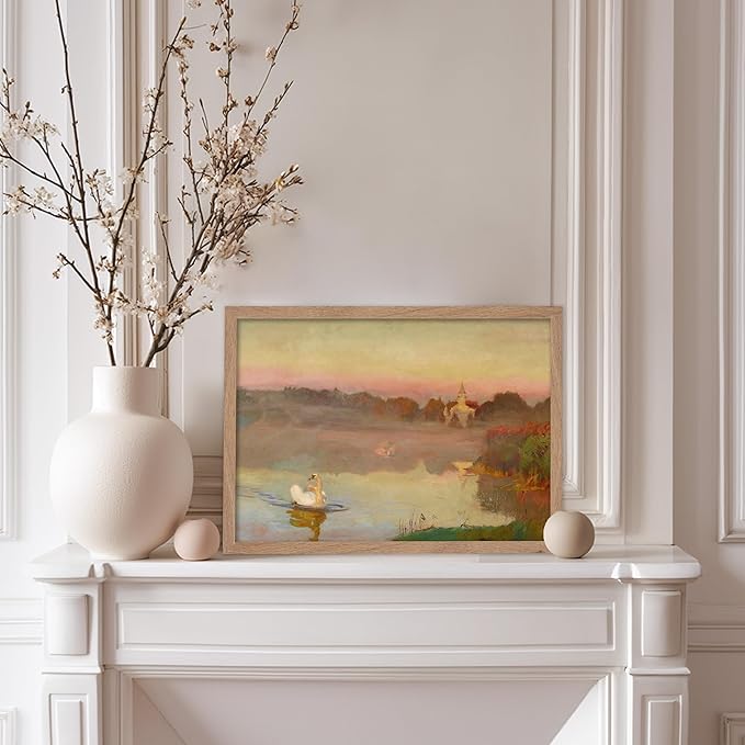 Poster Master Vintage Pond in Radziejowice Poster - Retro Swan Print - Lake Art - Landscape Art - Farmhouse Art - Animal Lover Art - Aesthetic Living Room or Office Decor, 11x14 Beige Framed