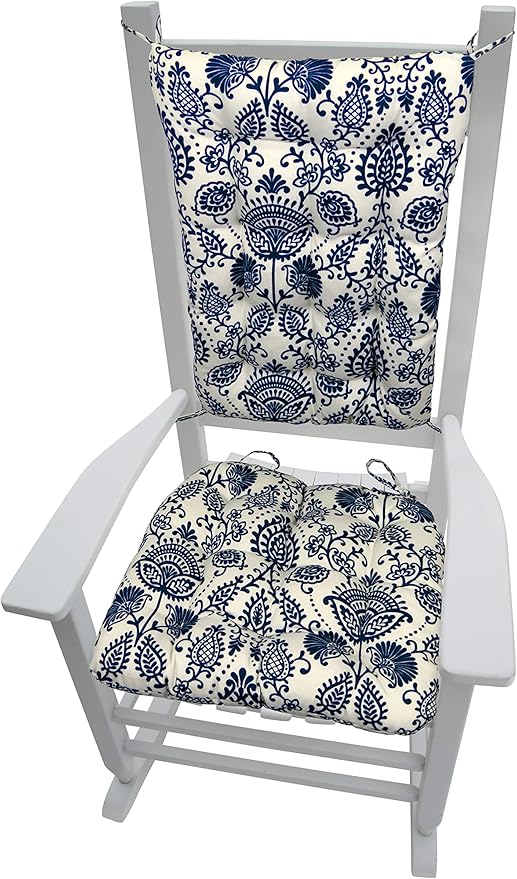 Sylvan Navy Porch Rocker Cushions - Small - Indoor/Outdoor, Fade Resistant, Weather Resistant - Latex Foam Fill Rocking Chair Seat Cushion & Backrest Pad Set - Made in USA (Blue/White)