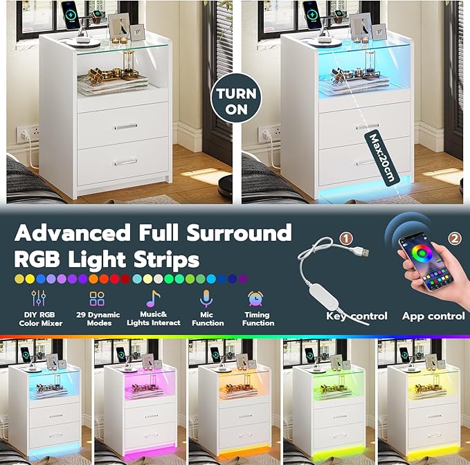 VIAGDO White Nightstand Set of 2 with Charging Station and LED Lights, 2 Drawers LED Night Stand with Tempered Glass Tabletop, Modern End Side Tables with Pull-Out Tray, Open Storage Bedside Tables