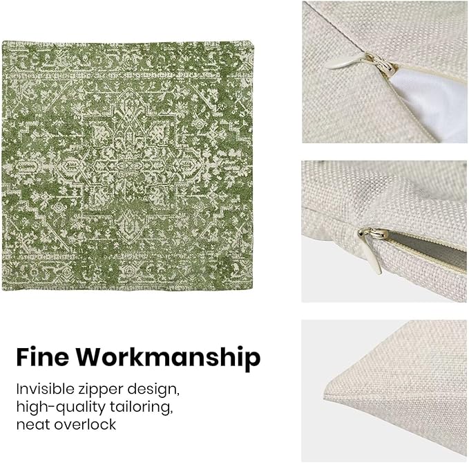 Boho Sage Green Throw Pillow Covers 20x20 Inch Set of 2, Carpet Pattern Decorative Throw Pillow Covers Bohemia Sage Green Linen Outdoor Cushion Cover for Sofa Couch Farmhouse Room Bed Decor