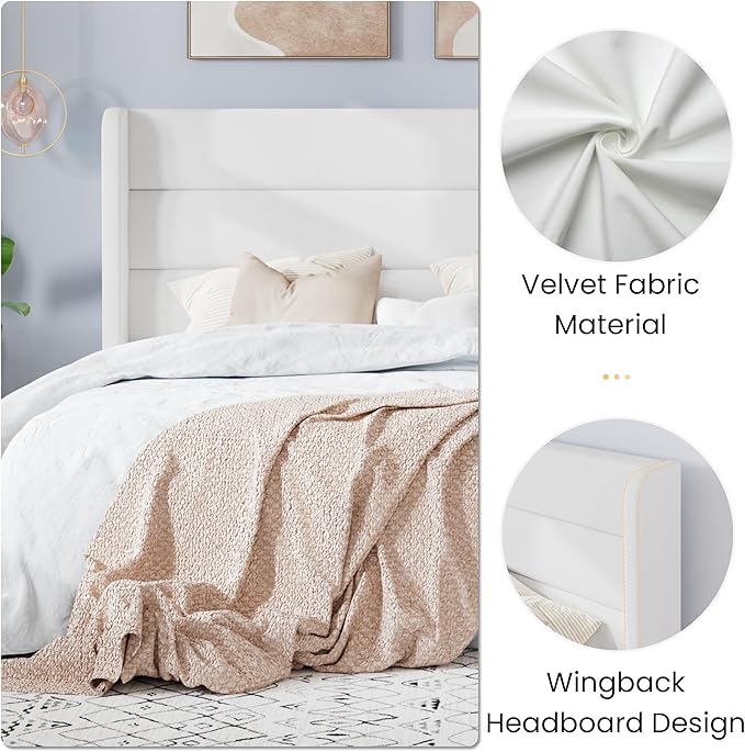 SHA CERLIN Queen Size Velvet Bed Frame/Vertical Channel Tufted Wingback Headboard/Upholstered Platform Bed with Wooden Slats/Mattress Foundation/No Box Spring Needed/Easy Assembly/White