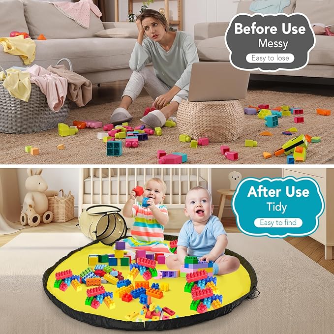 Toy Storage Basket with Slide and Large Play Mat for Boys and Girls Building Blocks Organizer, Foldable Fabric Storage Container Basket Bin Kids Toy Box with Rug for Boy Playroom Organization