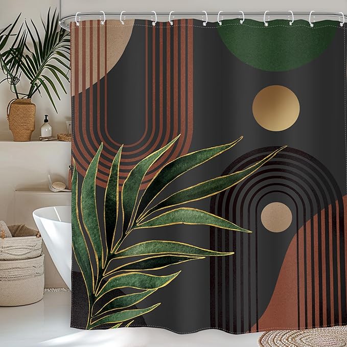 Glawry Dark Green Brown Boho Shower Curtain Abstract Mid Century Retro Tropical Leaves Modern Geometric Bathroom Minimalist Arch Sun 72Wx84L Inches Bath Accessories Art Home Decor Fabric 12 Pack Hooks