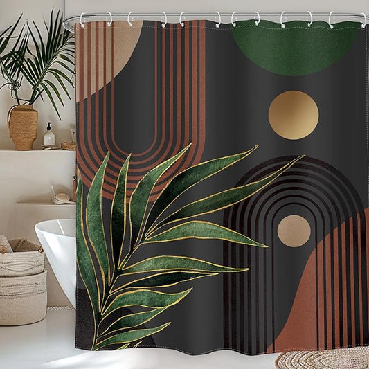 Glawry Dark Green Brown Boho Shower Curtain Abstract Mid Century Retro Tropical Leaves Modern Geometric Bathroom Minimalist Arch Sun 72Wx84L Inches Bath Accessories Art Home Decor Fabric 12 Pack Hooks