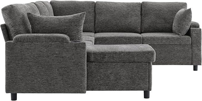Ball & Cast 109.9" Sectional Sofa with Pull Out Bed, Chenille Upholstered Sleeper Sofa bed with Storage Chaise, Convertible U Shaped Couch with Two Cup Holders and Charging Ports for Living Room, Grey