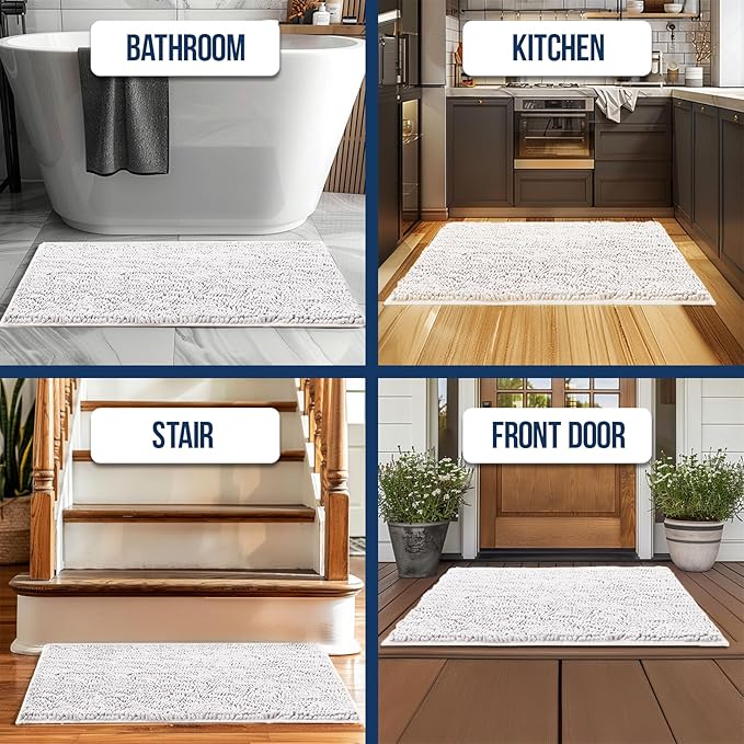 Muddy Mat Chenille Bathroom Rugs Quick Dry Microfiber Mats Non Slip Washable, Extra Thick, Soft and Highly Absorbent Bath Mats for Bathroom, Kitchen, and Shower Floor - White Large 35"X24"