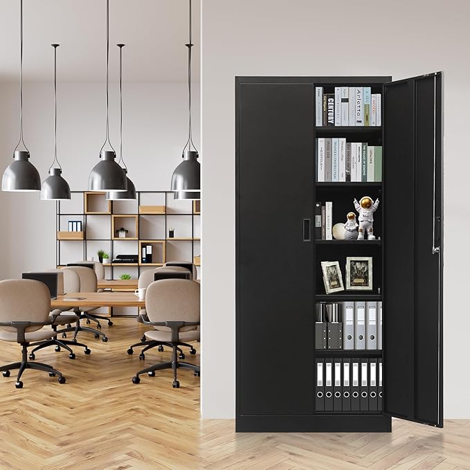Metal Garage Storage Cabinets，71” Tall Metal File Cabinet with 5 Adjustable Shelves, Lockable Storage Cabinets for Office, Home, Garage, Warehouse 71" H x 31.5" W x 15.8" D (Black)