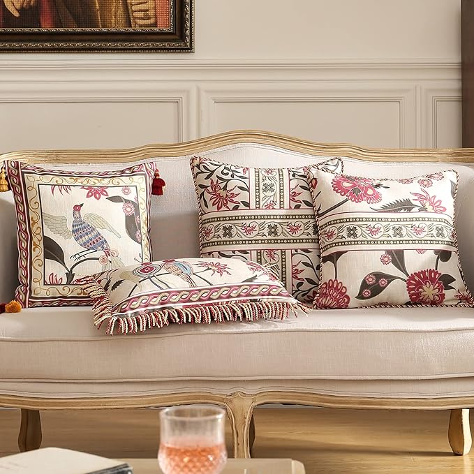 patdrea Designer Throw Pillow Cover 18"x18",Vintage Bird and Floral Pattern Linen Pillows Cover with Red and Yellow Pendant Charms,Square Decorative Pillowcases for Living Room Outdoor,Set of 2