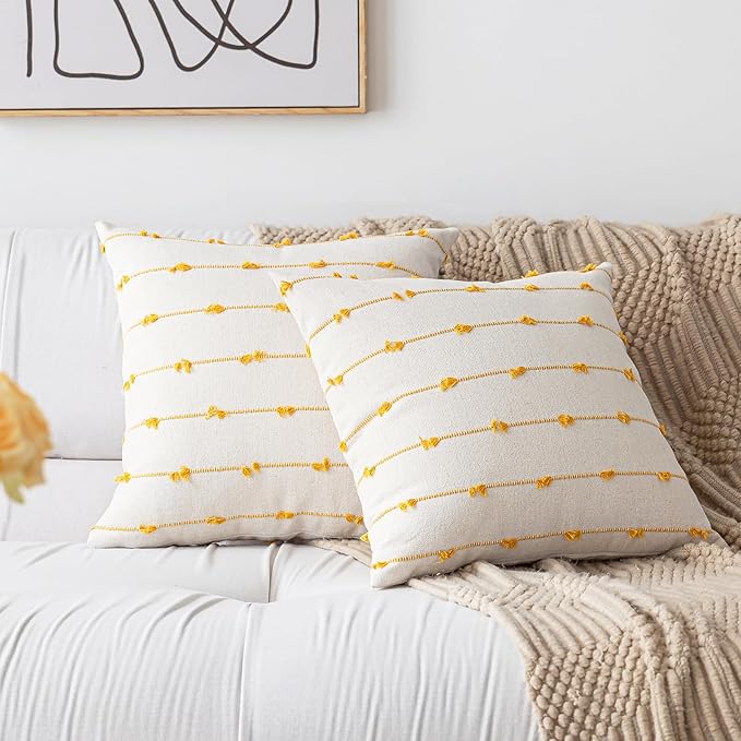Boho Throw Pillow Covers 22x22 Set of 2 Modern Farmhouse Decorative Cushion Case Tufted Square Pillows Cover Neutral Pillow Cases Accent Pillowcase for Sofa,Couch,Bed,Beige and Yellow