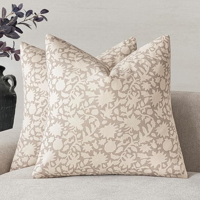 Foindtower Set of 2 Decorative Neutral Floral Throw Pillow Covers Accent Farmhouse Cushion Covers Boho Vintage Pillowcase for Couch Sofa Bedroom Living Room Home Decor Outdoor,24×24 Inch,Ivory Beige