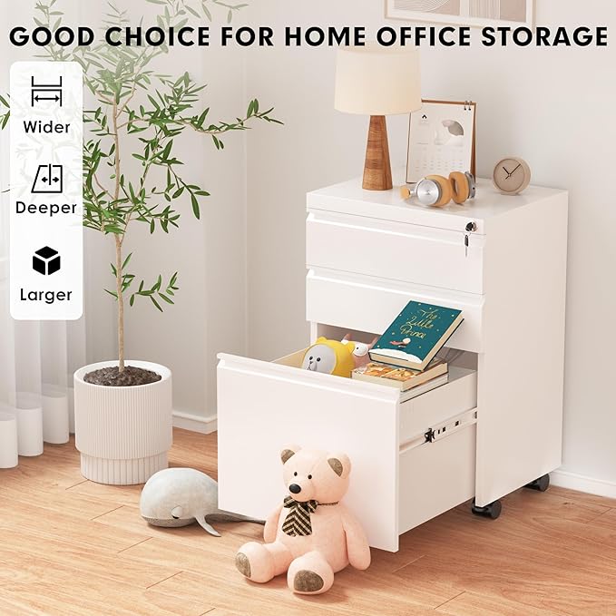 Greenvelly 3 Drawer Mobile File Cabinet with Lock, Fully Assembled Rolling File Cabinet Except Casters, Under Desk File Cabinet with Wheels for Home Office Fit Legal/Letter/A4 File (Assembled, White)