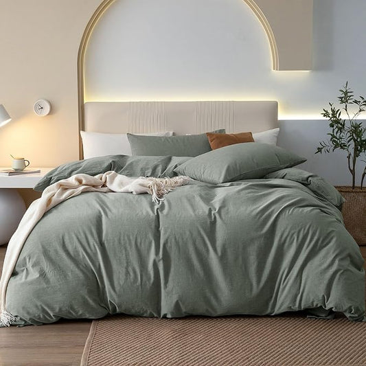 JIYUAN 100% Washed Cotton Duvet Cover Set 3 Pieces Super Queen, 1 Duvet Cover 90x98 Inches(Comforter Not Included) and 2 Pillowcases,Linen Feel Bedding Set Comfy and Breathable, Heathered Green