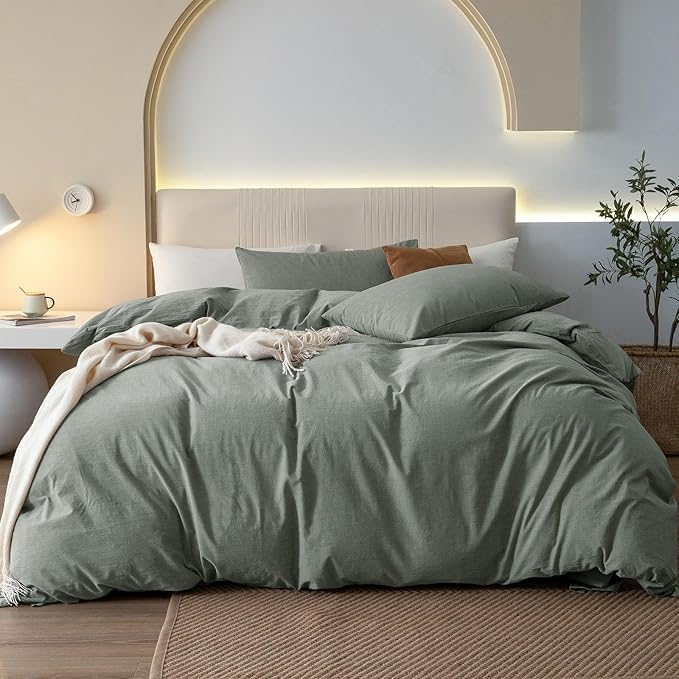 JIYUAN 100% Washed Cotton Duvet Cover Set 3 Pieces Alaska King, 1 Duvet Cover 132x120 Inches(Comforter Not Included) and 2 Pillowcases,Linen Feel Bedding Set Comfy and Breathable, Heathered Green