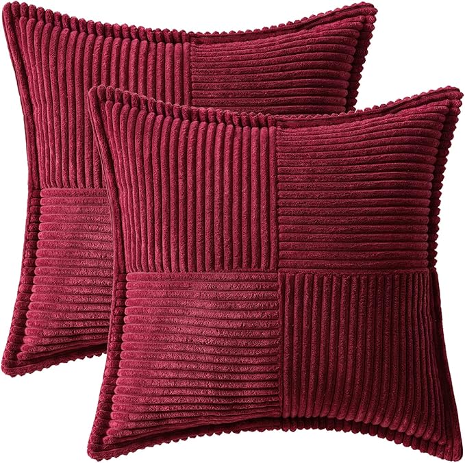 MIULEE Christmas Decorative Euro Sham Throw Pillow Covers for Couch Bed Livingroom 24x24 Inch Set of 2 Burgundy Boho Accent Throw Pllows Broadside Striped Patchwork Soft Corduroy Pillowcases
