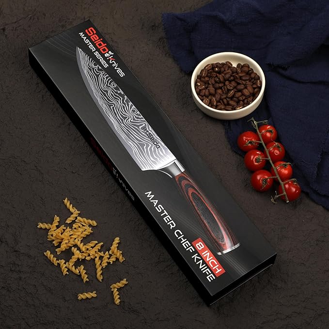 Seido Knives Master Chef Knife Japanese Handmade High Carbon Steel 8 inch - Perfectly Well-Balanced Pakka Wood Handle Kitchen Slicing Knife Razor-sharp Blade Precision Cutting