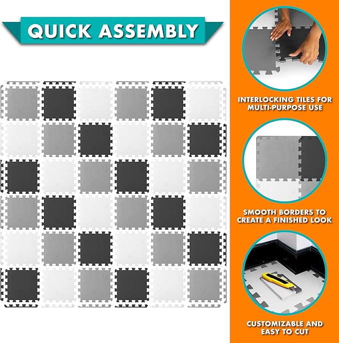 ProSource Foam Puzzle Floor Play Mat for Kids and Babies with Solid Colors, 36 or 16 Interlocking Tiles with Borders, Black/Grey/White