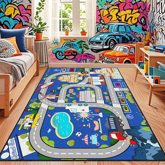 Car Rugs for Kids Toy Cars - Car Track Rug City Life Road Rug for Kids Boys Girls Car Carpet Playroom Living Room Bedroom Classroom, 4'5''×6'