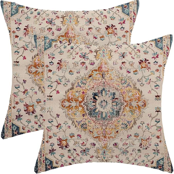 BETGINY Blue Orange Boho Throw Pillow Covers 16 x 16 Inch Pack of 2, Vintage Bohemian Carpet Pattern Decorative Pillow Cases Outdoor Ethnic Design Farmhouse Cushion Case for Home Sofa Decor