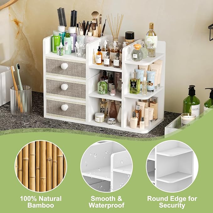Bamboo Makeup Organizer Countertop With Brush Holder Drawer For Vanity,Large Bathroom Counter Organizers And Storage,Cosmetic Skincare Perfume Organizer,Easy To Store Nail Polish, Lipstick, Eyeshadow