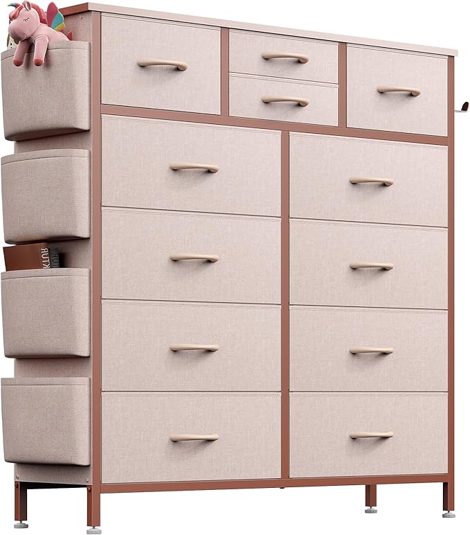 Lulive Pink Dresser for Bedroom with 12 Drawers, Tall Dresser Chest of Drawers with Side Pockets and Hooks, Fabric Storage Tower for Closet, Hallway, Living Room (Pink)