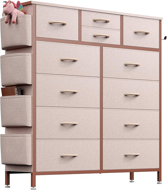 Lulive Pink Dresser for Bedroom with 12 Drawers, Tall Dresser Chest of Drawers with Side Pockets and Hooks, Fabric Storage Tower for Closet, Hallway, Living Room (Pink)