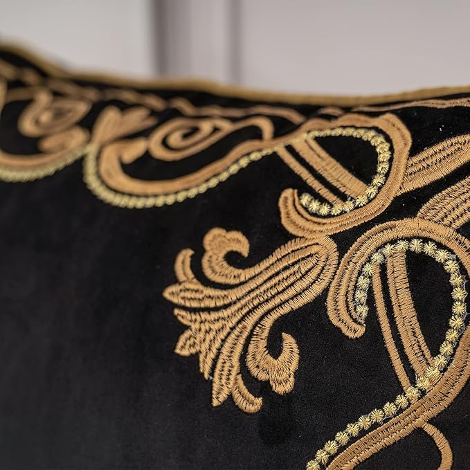 Aeckself European Floral Pillow Cover 20x20 Inch, Luxury Velvet Embroidered Decorative Throw Pillow Cover for Couch Bedroom Living Room, Black and Gold
