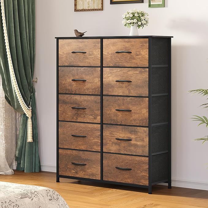YITAHOME 10-Drawer Fabric Dresser, Furniture Storage Tower Cabinet, Organizer for Bedroom, Living Room, Hallway, Closet, Sturdy Steel Frame, Wooden Top, Easy Pull Fabric Bins(Rustic Brown)