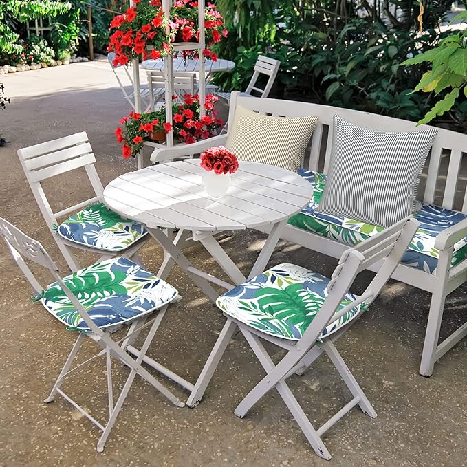Set of 4 Outdoor Chair Cushions with Ties,Water Repellent Patio Chair Pads 17"x 16" for Outdoor Furniture,Round Corner Seat Cushions for Garden Yard Kitchen Islamorada Blue Green