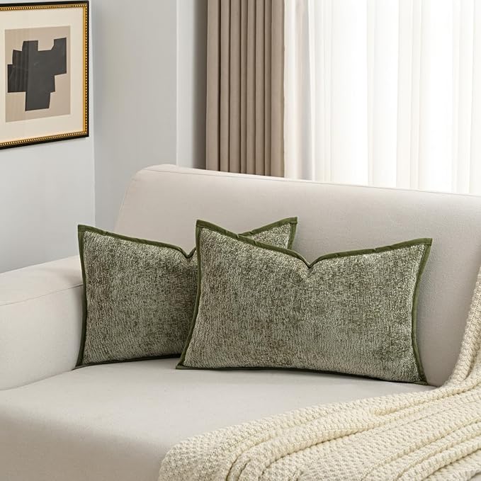 FUTEI Sage Green Chenille Throw Pillow Covers 12x20 Inch Set of 2,Soft Cozy Bound Edge Design Lumbar Pillow Cases,Home Decor for Couch Bed Living Room