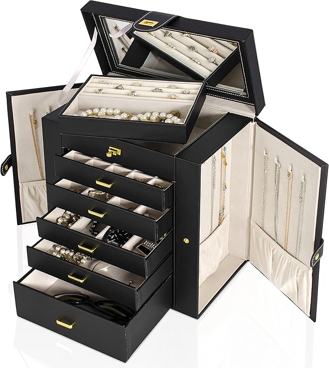 AKOZLIN Huge Jewelry Box Organizer Functional Lockable, Large Leather Jewelry Storage Case for Women Girls Ring Necklace Earring Bracelet Holder Organizer with Mirror