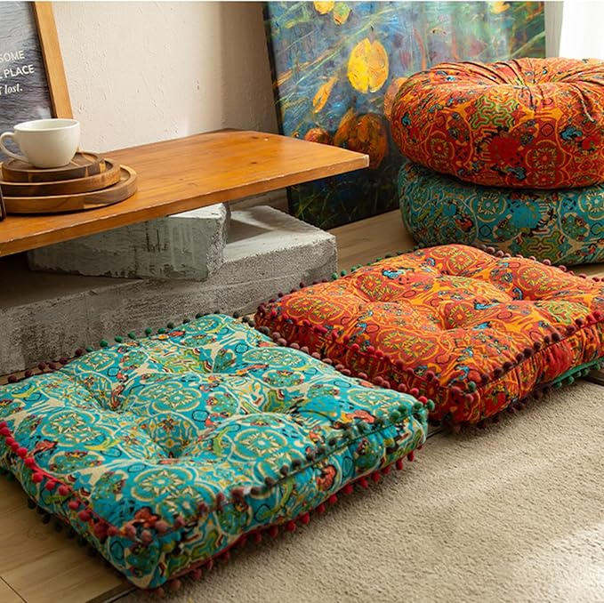 Orange Bohemian Seat Cushion,Indoor Boho Chair Cushions for Dining Chairs,Square Chair Pad,Decorative Seat Cushions for Kitchen Chairs (Orange Square 16X16)