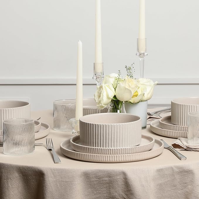 Stone Lain Haven 12-Piece Dinnerware Set, Beige, Includes 4 Dinner Plates, 4 Salad Plates, 4 Bowls, Microwave & Dishwasher Safe