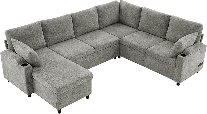 Ball & Cast 109.9" Sectional Sofa with Pull Out Bed, Chenille Upholstered Sleeper Sofa Bed with Storage Chaise, Convertible U Shaped Couch with Two Cup Holders and Charging Ports ，Light Grey