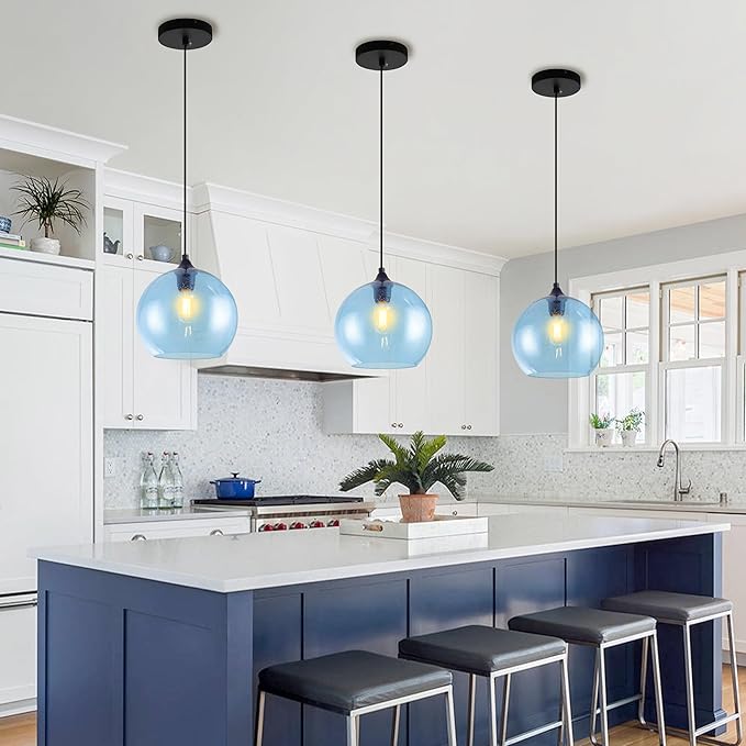 Blue Pendant Lights Kitchen Island Lighting Modern Globe Hand Blown Glass Pendant Light Ceiling Hanging Light fixtures for Kitchen Island Living Dining Room Light Fixture，9.8in 2Pack