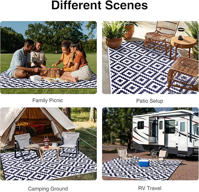 OLANLY Waterproof Outdoor Rug 9x12 ft, Outdoor Plastic Straw Rug for Camping, RV Mat Outside, Indoor Outdoor Carpet for Porch, Deck, Backyard, Balcony, Picnic, Navy & White