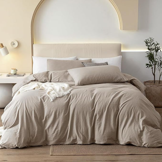 JIYUAN 100% Washed Cotton Duvet Cover Set 3 PCS Cal King, 1 Duvet Cover 104"x98" (Comforter Not Included) and 2 Pillowcases,Linen Feel Bedding Set Comfy and Breathable, Heathered Tannish Linen Grey