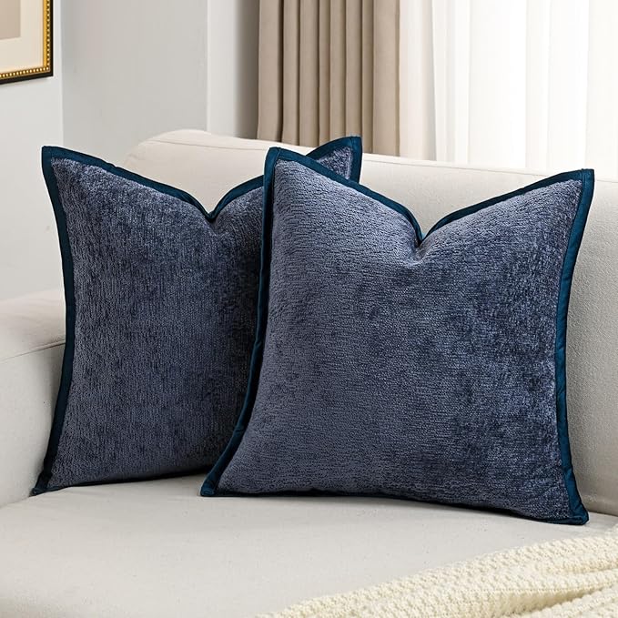 FUTEI Navy Blue Chenille Throw Pillow Covers 16x16 Inch Set of 2,Soft Cozy Bound Edge Design Cushion Case,Home Decor for Couch Bed Living Room