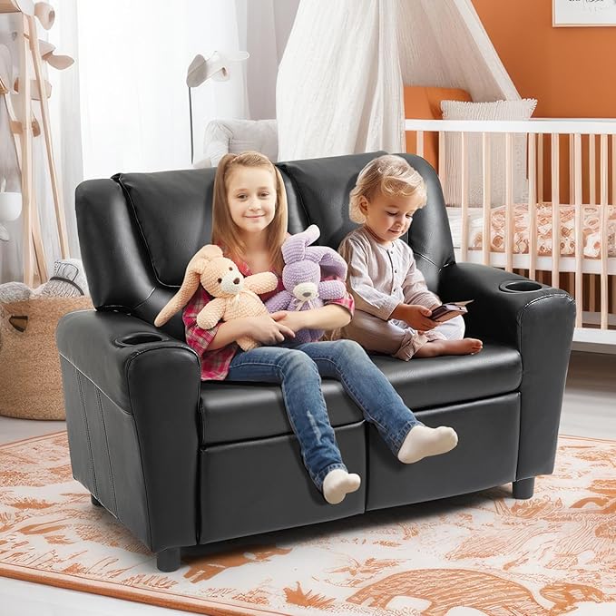 AVAWING Toddler Recliner, Double Kids Couch with Cup Holder, PU Leather Kids Sofa, Kids Loveseat w/Adjustable Footrest & Headrest for Boys and Girls 3+ Age Group, Classic Black