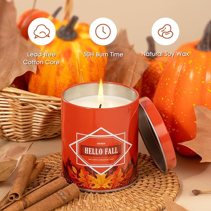 Fall Scented Candle – Hello Fall Soy Candle 9oz, 50 Hour Burn, Non-Toxic Autumn Decor, Holiday Gift for Women & Men